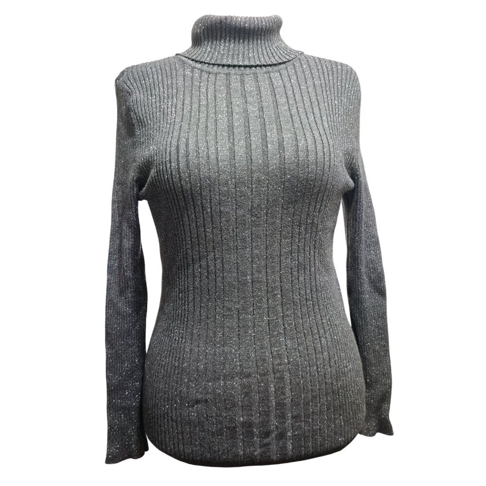 212 Collection L Womens Gray Sweater Turtleneck Ribbed Metallic Long Sleeve Knit